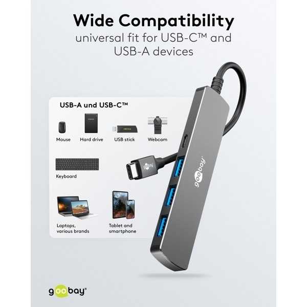 Ohut 4-porttinen USB-keskitin, USB-C - USB-C/USB-A, 5 Gbit/s