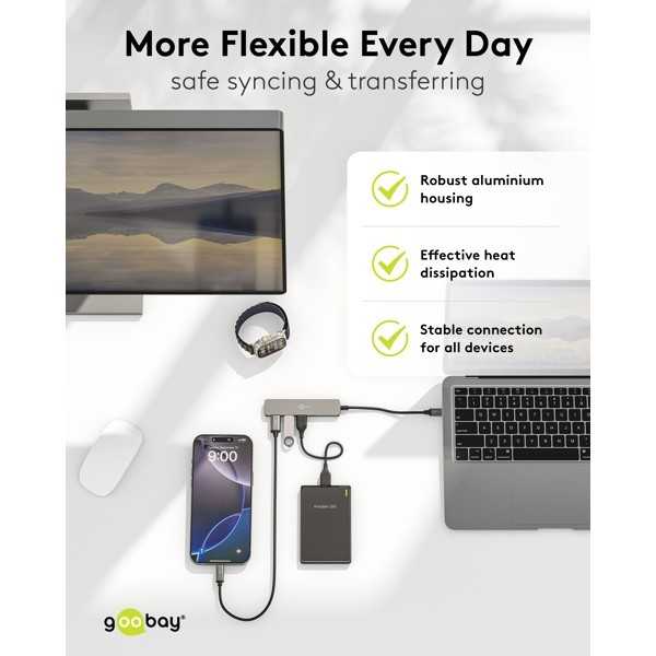 Ohut 4-porttinen USB-keskitin, USB-C - USB-C/USB-A, 5 Gbit/s