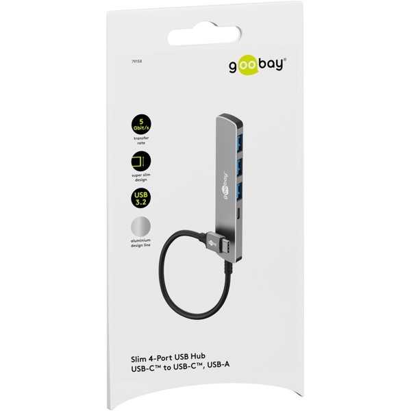 Ohut 4-porttinen USB-keskitin, USB-C - USB-C/USB-A, 5 Gbit/s