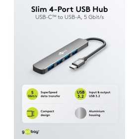 Ohut 4-porttinen USB-keskitin, USB-C - USB-A, 5 Gbit/s