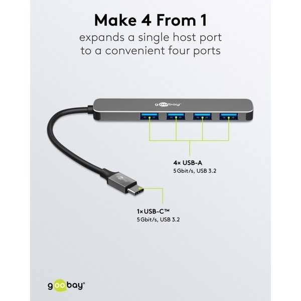 Ohut 4-porttinen USB-keskitin, USB-C - USB-A, 5 Gbit/s
