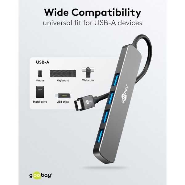 Ohut 4-porttinen USB-keskitin, USB-C - USB-A, 5 Gbit/s