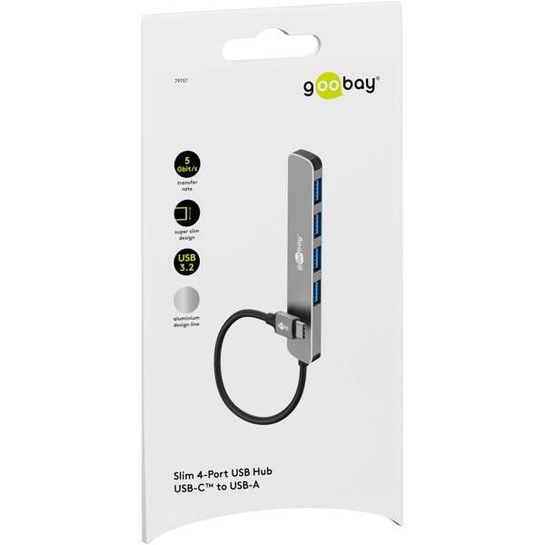 Ohut 4-porttinen USB-keskitin, USB-C - USB-A, 5 Gbit/s