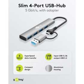 2-in-1 ohut 4-porttinen USB-keskitin, 5 Gbit/s