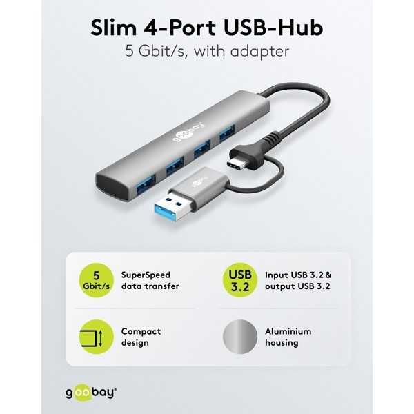 2-in-1 ohut 4-porttinen USB-keskitin, 5 Gbit/s