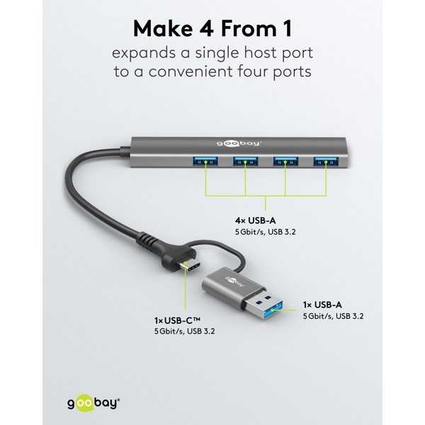 2-in-1 ohut 4-porttinen USB-keskitin, 5 Gbit/s