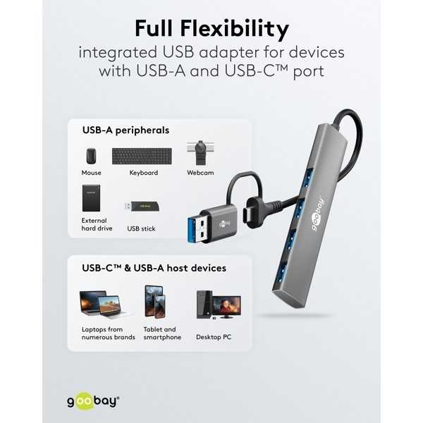 2-in-1 ohut 4-porttinen USB-keskitin, 5 Gbit/s
