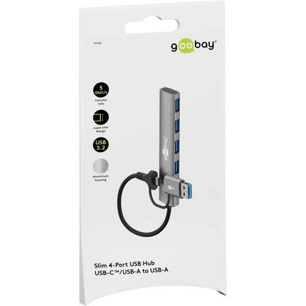 2-in-1 ohut 4-porttinen USB-keskitin, 5 Gbit/s