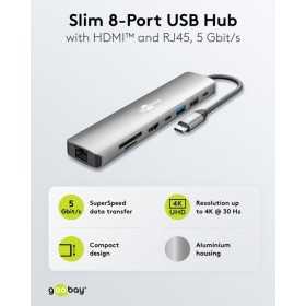 Ohut 8-porttinen USB-keskitin, jossa HDMI ja RJ45, 5 Gbit/s