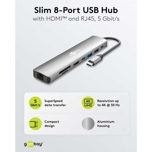 Ohut 8-porttinen USB-keskitin, jossa HDMI ja RJ45, 5 Gbit/s