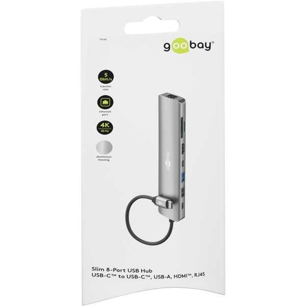 Ohut 8-porttinen USB-keskitin, jossa HDMI ja RJ45, 5 Gbit/s