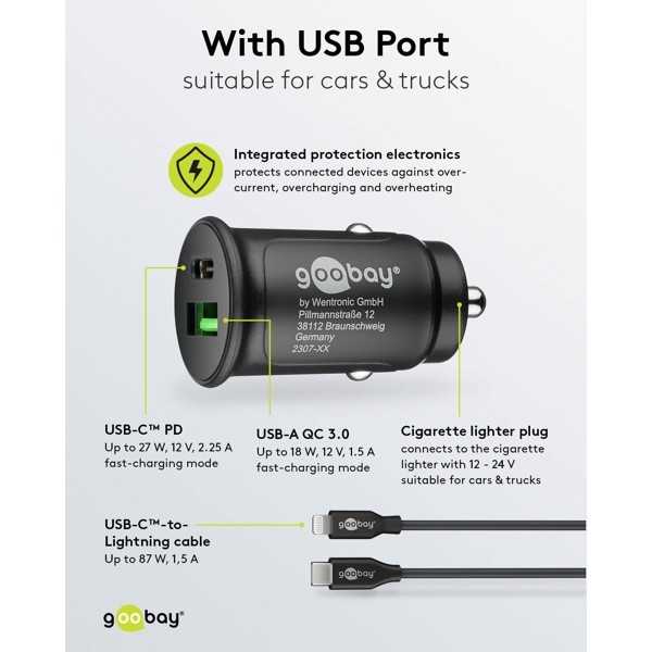 27 W:n kaksois-USB-auton pikalataussetti USB-C