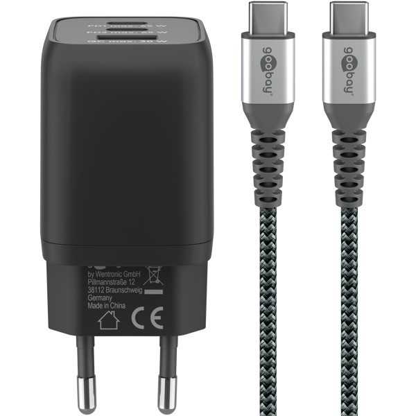 65 W:n setti, jossa USB-C-pikalaturin nanokaapeli ja USB-C-tekstiilikaapeli (1 m)
