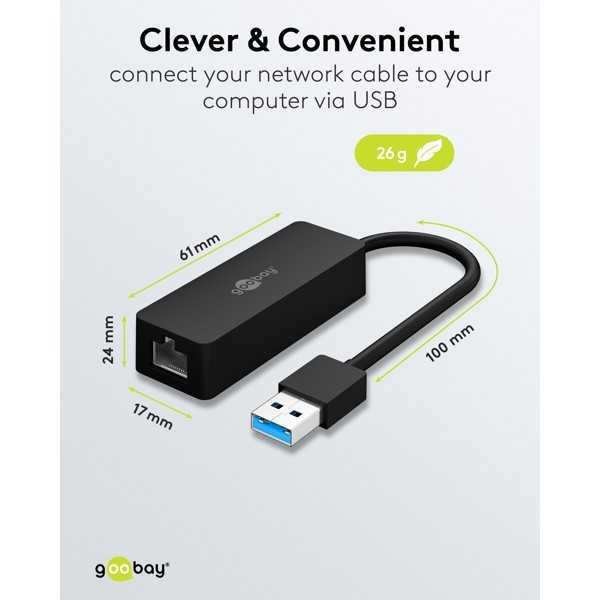 USB-A Ethernet-sovitin, musta