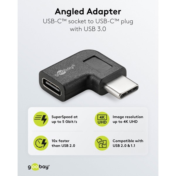 USB-C - USB-C -sovitin 90°, musta